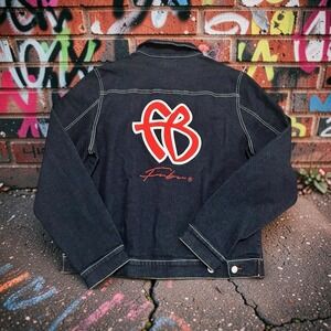 FUBU Classic Denim Jacket Dark Blue Red FB Logo Patch Y2K Streetwear Size M NWT